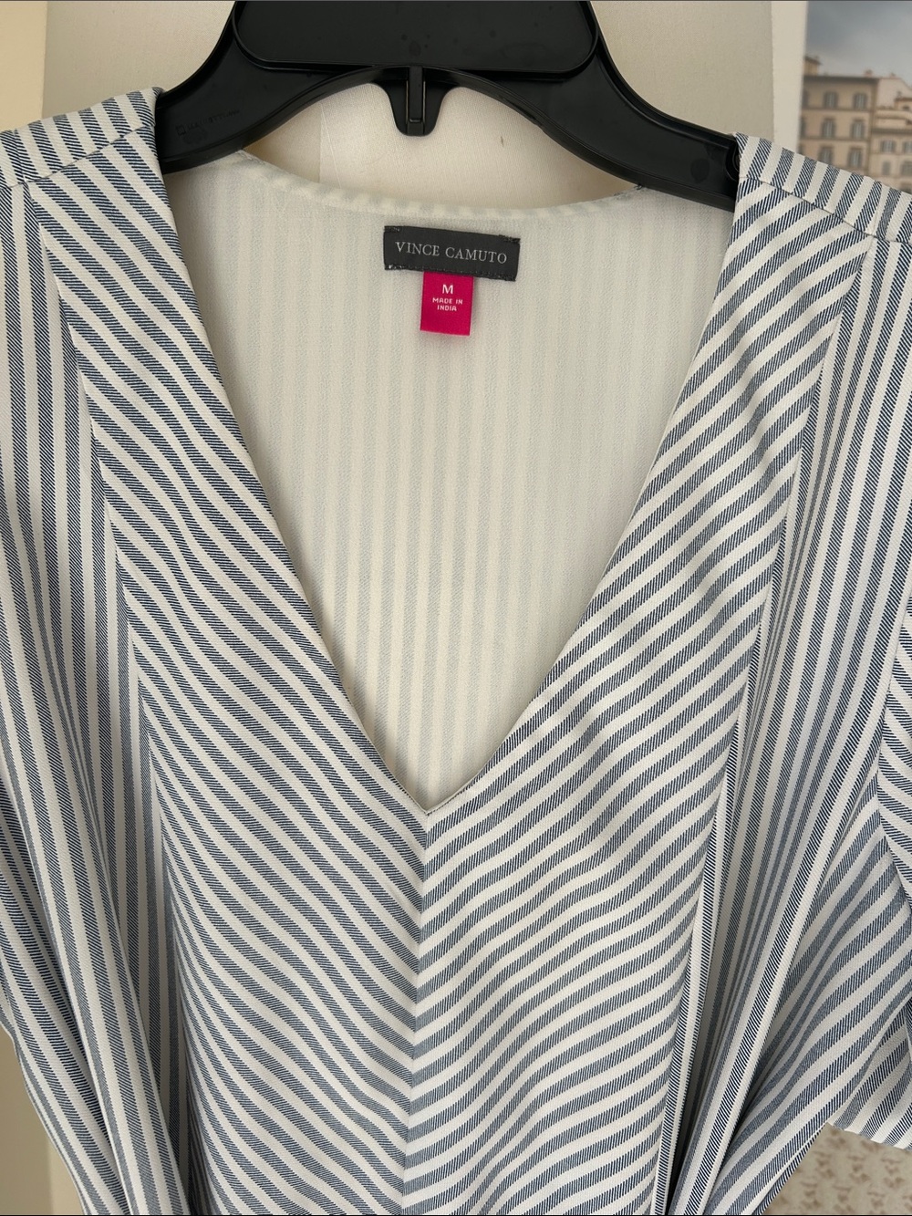 Vince Camuto Blue and White Striped V-Neck Blouse